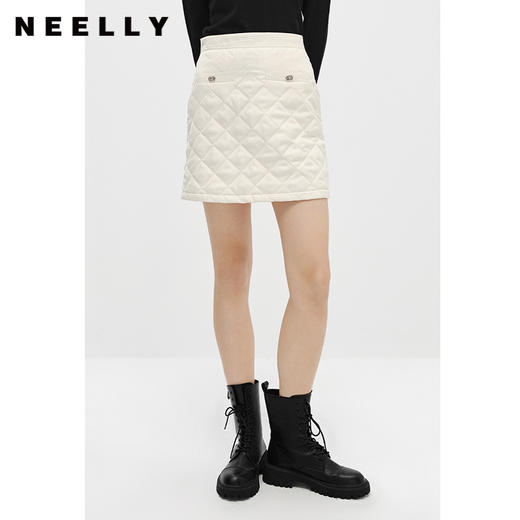 NEELLY纳俪商场同款冬季高腰半身裙女菱格显瘦百搭A字裙白色短裙N22101E01189 商品图0
