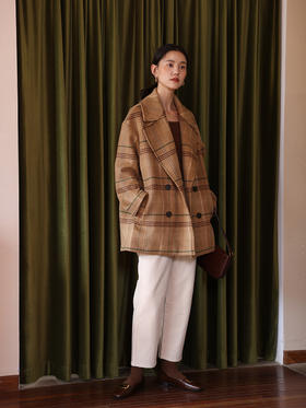 HeyDress法式复古格纹毛呢外套女秋冬翻领宽松茧型短款羊毛大衣