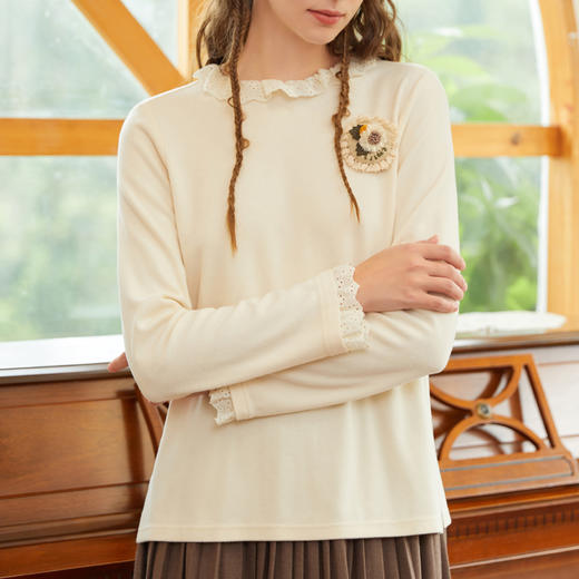 famecoco范可儿原创设计高弹花边t恤女纯色磨毛打底衫F228BB010 商品图1