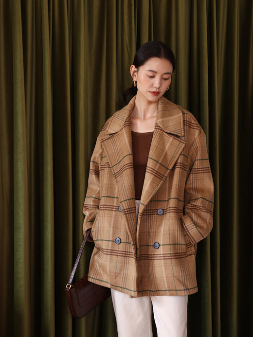 HeyDress法式复古格纹毛呢外套女秋冬翻领宽松茧型短款羊毛大衣 商品图2