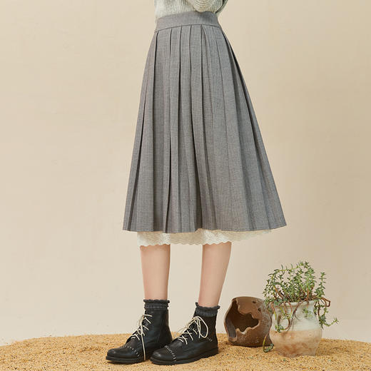 Famecoco范可儿蕾丝花边a字半身裙女冬款原创设计百褶裙小个子F228HA012 商品图3