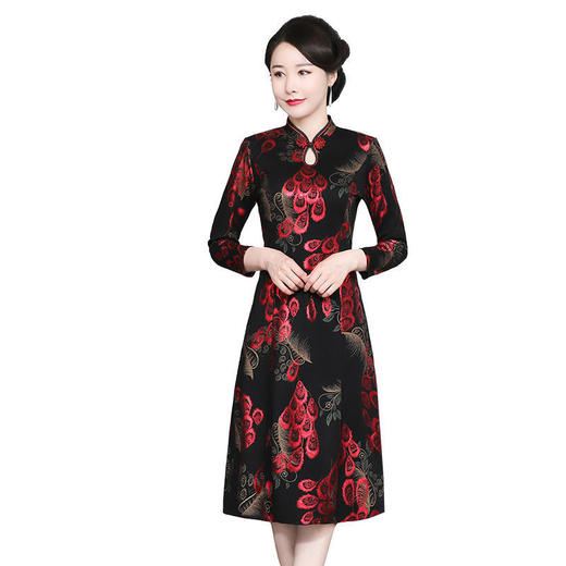 黛唯梵2022春秋冬新款加绒加厚改良旗袍裙复古女装宽松大码连衣裙中长款 商品图4