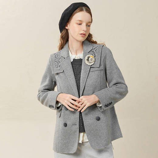 Famecoco范可儿双面呢西服女冬款羊毛西装外套可拆卸披肩F228AW003 商品图3