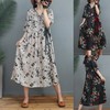 黛唯梵夏季新款文艺复古印花棉麻连衣裙宽松遮肚显瘦系带收腰V领中长裙 商品缩略图0