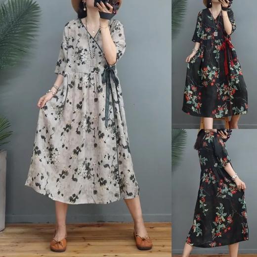 黛唯梵夏季新款文艺复古印花棉麻连衣裙宽松遮肚显瘦系带收腰V领中长裙 商品图0