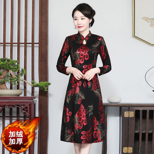 黛唯梵2022春秋冬新款加绒加厚改良旗袍裙复古女装宽松大码连衣裙中长款 商品图3
