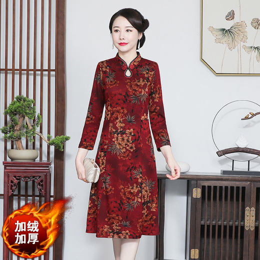 黛唯梵2022春秋冬新款加绒加厚改良旗袍裙复古女装宽松大码连衣裙中长款 商品图1