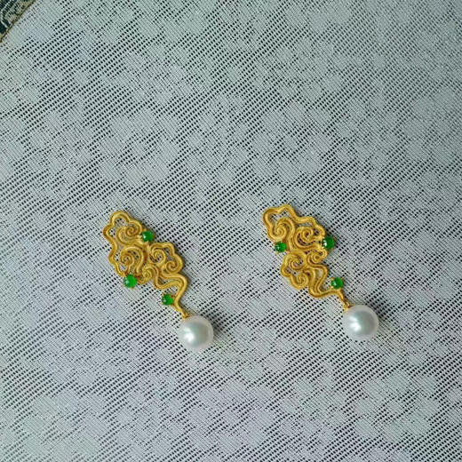 龢盒原创 18k金akoya珍珠翡翠浮云耳环 商品图1