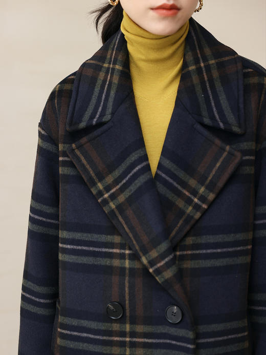 HeyDress法式复古格纹毛呢外套女秋冬翻领宽松茧型短款羊毛大衣 商品图3