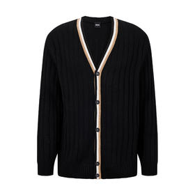 百货世界-国际精品馆-BOSS宽松版型经典条纹饰边罗纹开衫