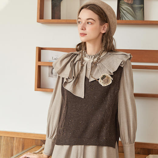 Famecoco范可儿加厚毛衣马甲女季肌理感V领羊毛保暖无袖背心坎肩F228CA009 商品图0