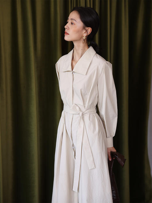 HeyDress法式100棉连衣裙女秋季高腰宽松系带衬衫裙复古优雅裙子 商品图1