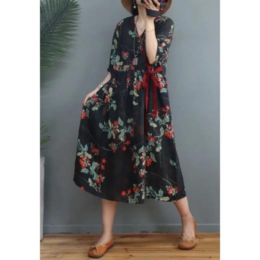 黛唯梵夏季新款文艺复古印花棉麻连衣裙宽松遮肚显瘦系带收腰V领中长裙 商品图1