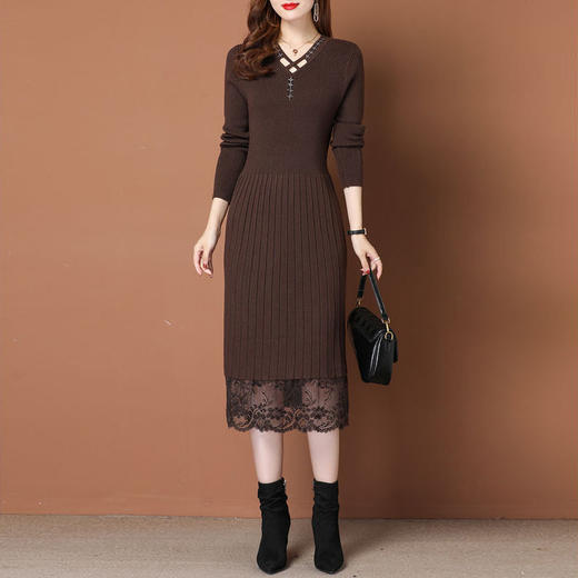 黛唯梵秋冬中长款针织连衣裙2022年新款女装打底衫女洋气蕾丝过膝毛衣裙 商品图1