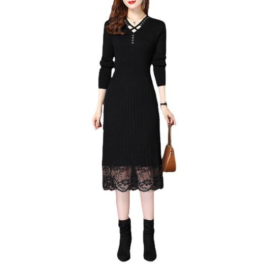 黛唯梵秋冬中长款针织连衣裙2022年新款女装打底衫女洋气蕾丝过膝毛衣裙 商品图4