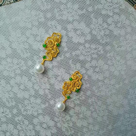 龢盒原创 18k金akoya珍珠翡翠浮云耳环