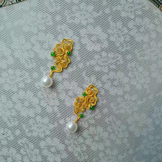 龢盒原创 18k金akoya珍珠翡翠浮云耳环 商品图0