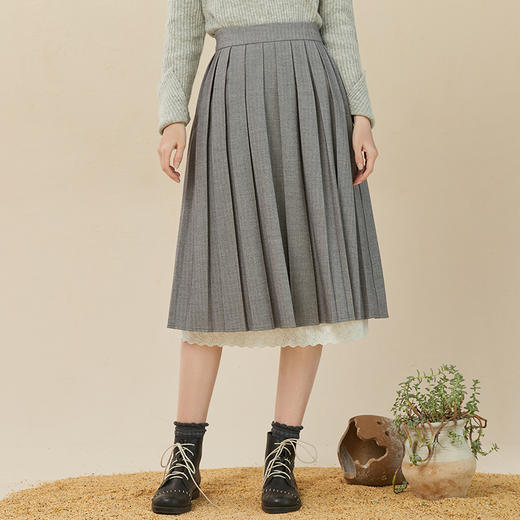 Famecoco范可儿蕾丝花边a字半身裙女冬款原创设计百褶裙小个子F228HA012 商品图2