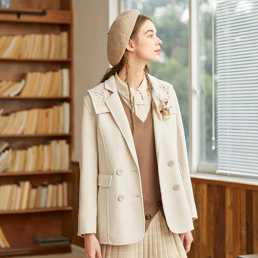 Famecoco范可儿双面呢西服女冬款羊毛西装外套可拆卸披肩F228AW003 商品图1