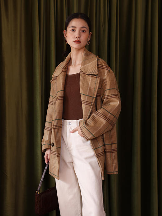 HeyDress法式复古格纹毛呢外套女秋冬翻领宽松茧型短款羊毛大衣 商品图1