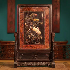 清 紫檀镶瘿木百宝嵌鹤寿图插屏