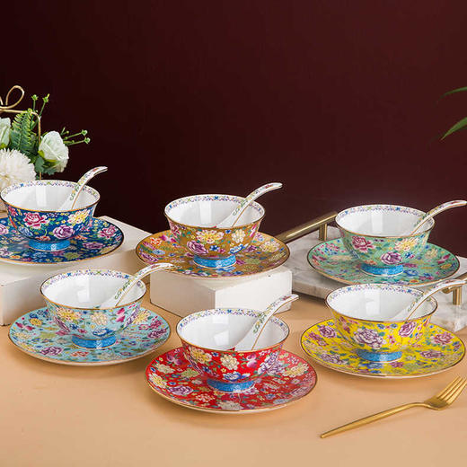 戴德生活馆描金万花珐琅彩饭碗单个高脚防烫中式宫廷景德镇骨瓷餐具 商品图0