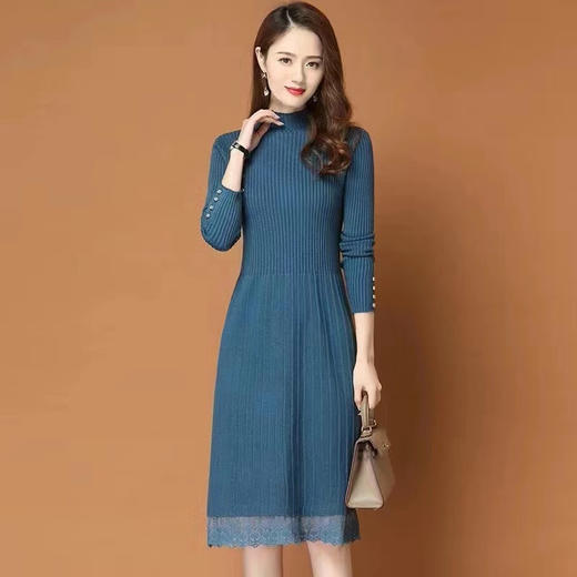 黛唯梵打底连衣裙女秋冬季长款过膝配大衣的2022加厚内搭蕾丝针织毛衣裙 商品图0