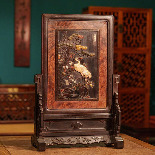 清 紫檀镶瘿木百宝嵌鹤寿图插屏 商品图4