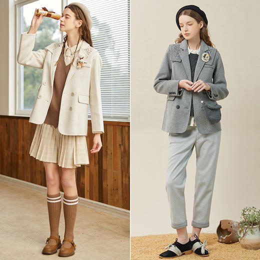 Famecoco范可儿双面呢西服女冬款羊毛西装外套可拆卸披肩F228AW003 商品图4