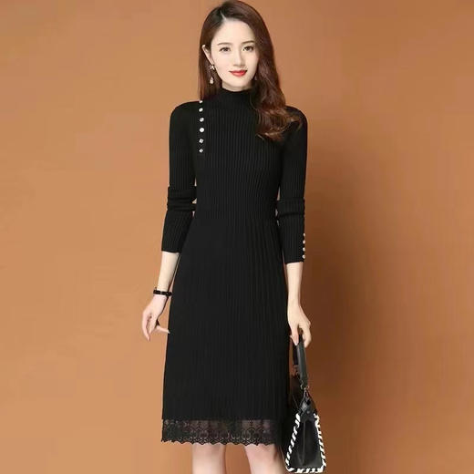 黛唯梵打底连衣裙女秋冬季长款过膝配大衣的2022加厚内搭蕾丝针织毛衣裙 商品图3
