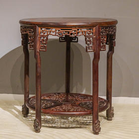 清 红木镶瘿木透雕回纹五足圆桌