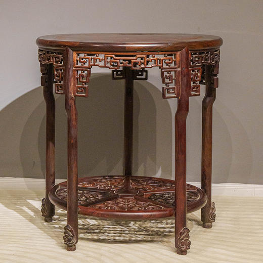 清 红木镶瘿木透雕回纹五足圆桌 商品图0