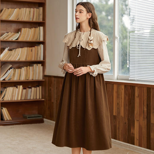 Famecoco范可儿雪纺拼接假两件连衣裙秋冬宽松遮肚子长裙F228FA018 商品图1