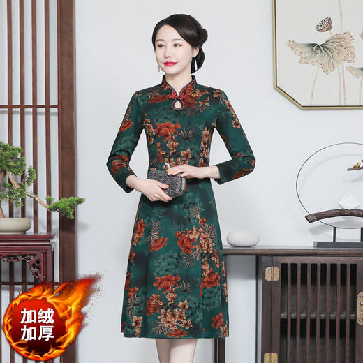 黛唯梵2022春秋冬新款加绒加厚改良旗袍裙复古女装宽松大码连衣裙中长款 商品图2