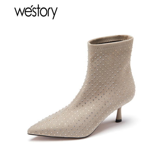westory秋冬新款时尚性感水钻单靴尖头细跟弹力靴82021 商品图2