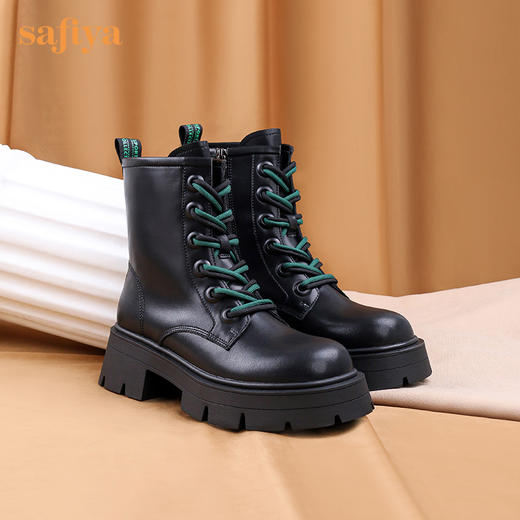 【春节不打烊】Safiya/索菲娅 黑色马丁靴2022年冬季新款小众双系带厚底粗跟真皮短靴女 SF24116098 商品图7