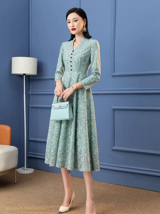 SSGS-S233LLQ158H70新款高端优雅气质收腰V领长袖绿色蕾丝连衣裙 商品图1