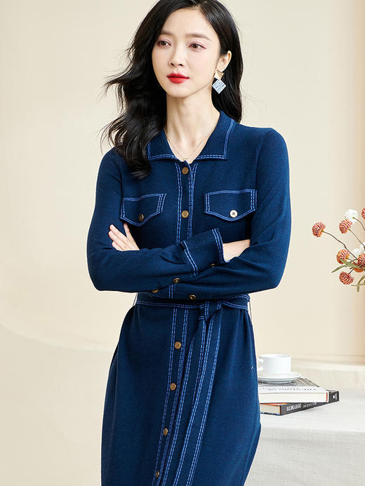 米思阳2024秋季新款时尚通勤长袖针织裙子明线装饰收腰连衣裙3289 商品图1