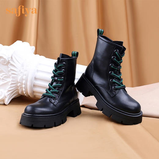 【春节不打烊】Safiya/索菲娅 黑色马丁靴2022年冬季新款小众双系带厚底粗跟真皮短靴女 SF24116098 商品图8