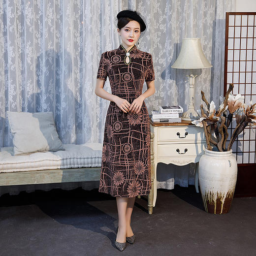 Q209 2022春夏新款亮丝绒长款旗袍连衣裙时尚复古修身改良旗袍 商品图2