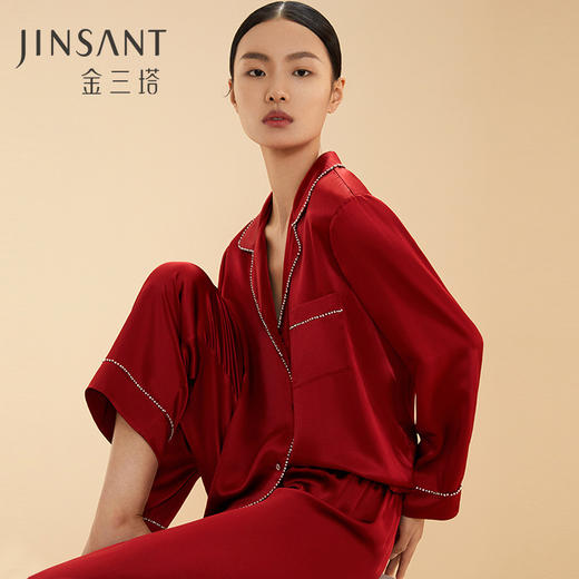 金三塔19姆米重磅真丝睡衣 手动钉珠长袖长裤睡衣套红色家居服女  YSFBA203 商品图1