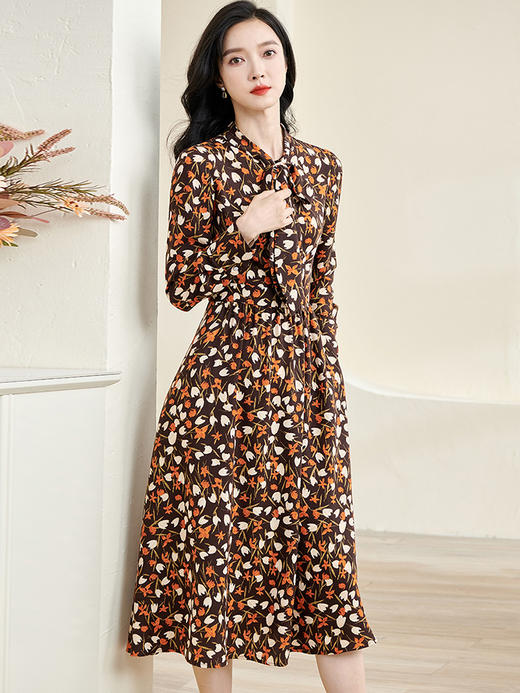 剩S/XXL 米思阳2024秋新款知性优雅系带领碎花连衣裙大摆针织中长裙3173 商品图2