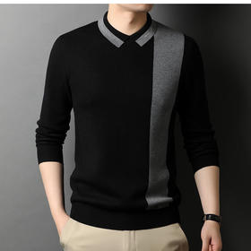 BP-1970 羊毛衫男假两件秋季新款时尚撞色长袖翻领毛衣中年上衣打底衫男装