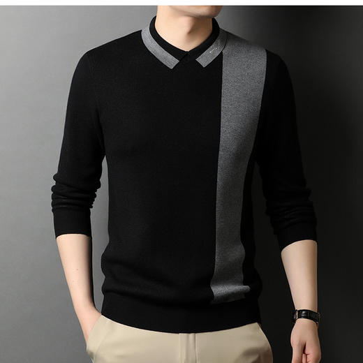 BP-1970 羊毛衫男假两件秋季新款时尚撞色长袖翻领毛衣中年上衣打底衫男装 商品图0