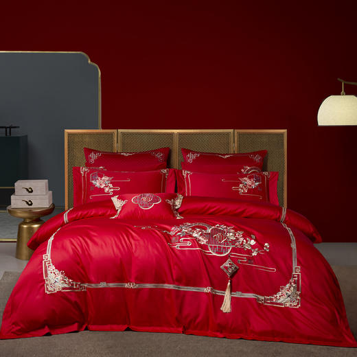 喜庆中国红婚庆六件套百支棉绣花工艺和和睦睦 商品图0