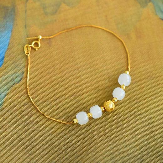 天然玉石手链伸缩调节925纯银镀金色镶和田玉手饰JX5999-2 商品图0