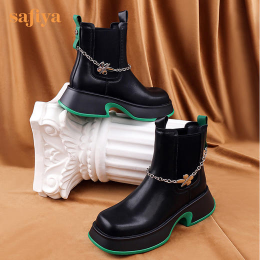 Safiya/索菲娅 英伦风短靴2022年冬季新款方头链条真皮切尔西靴女 SF24116062 商品图3