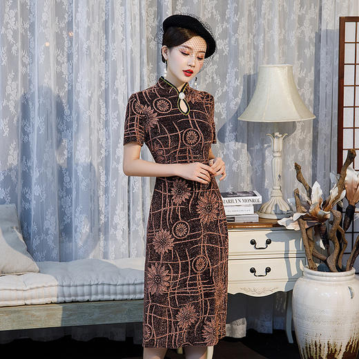 Q209 2022春夏新款亮丝绒长款旗袍连衣裙时尚复古修身改良旗袍 商品图3