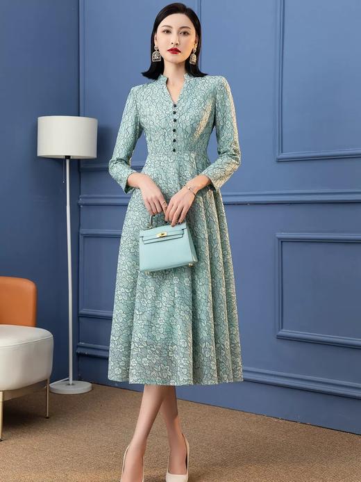 SSGS-S233LLQ158H70新款高端优雅气质收腰V领长袖绿色蕾丝连衣裙 商品图0
