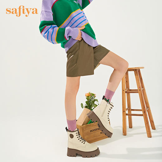【新品特惠】Safiya/索菲娅 英伦风机车靴女2022年冬季新款厚底系带真皮马丁靴 SF24116139 商品图4